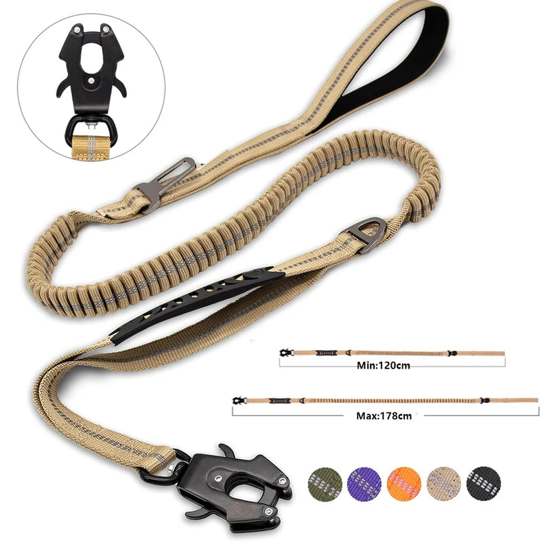 Tactical Shock-Absorbing Bungee Leash: Heavy-Duty Reflective Lead with Integrated Car Seatbelt
