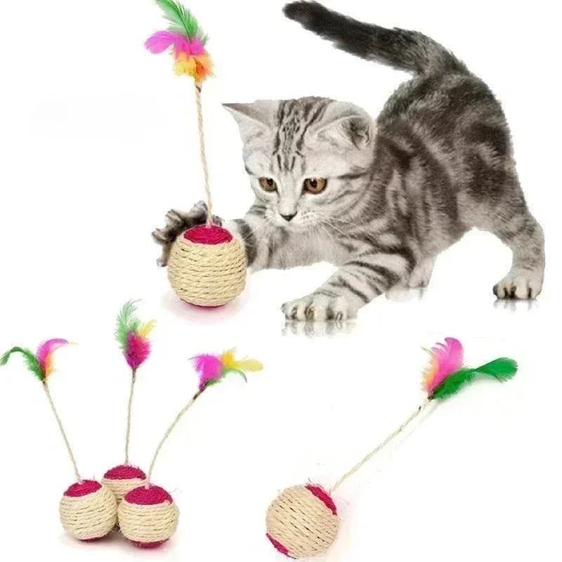 SisalSphere™ Sisal Scratching Ball Cat Toy – Interactive Training Teaser with Feather for Kittens