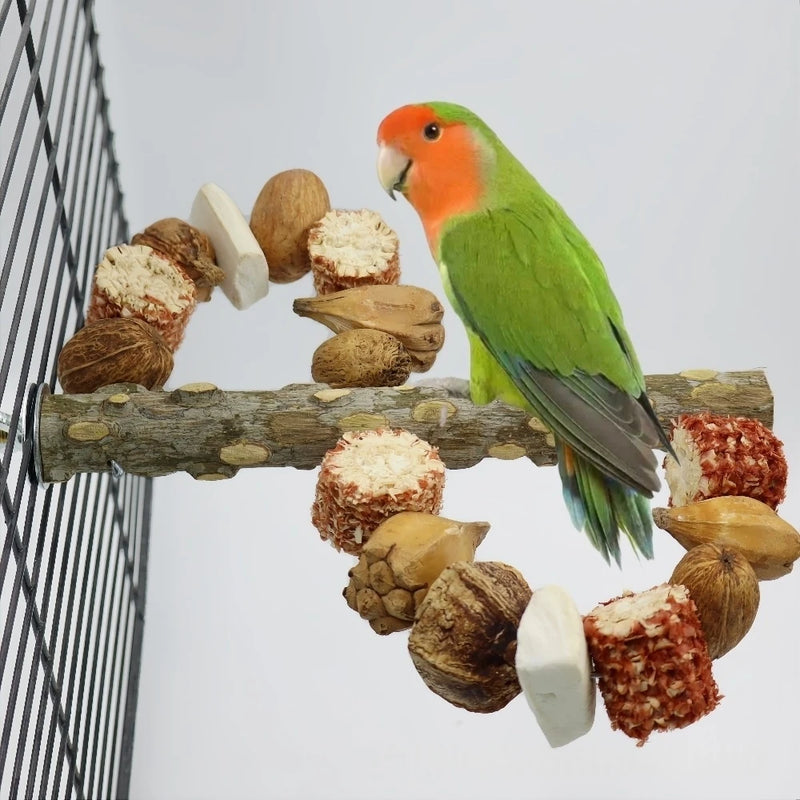 NaturPerch™ Natural Wood Parrot Swing Perch – Chewable Corn Cob & Nut Training Stand for Lovebirds & Cockatiels