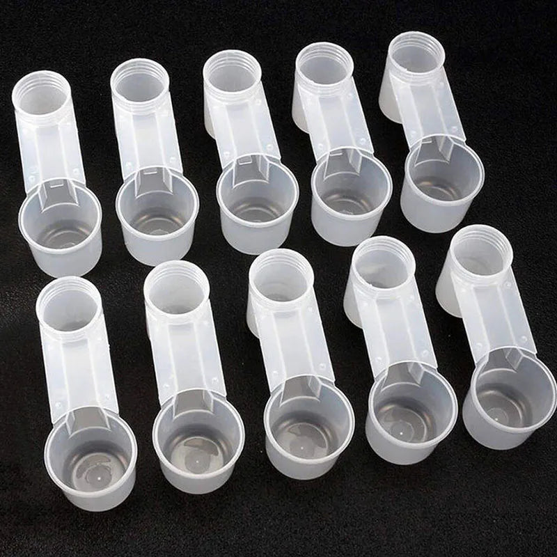 HydroSip™ Transparent Bird Drinker Cups – 10-Pack Plastic Cage Water Feeders for Parrots & Pigeons