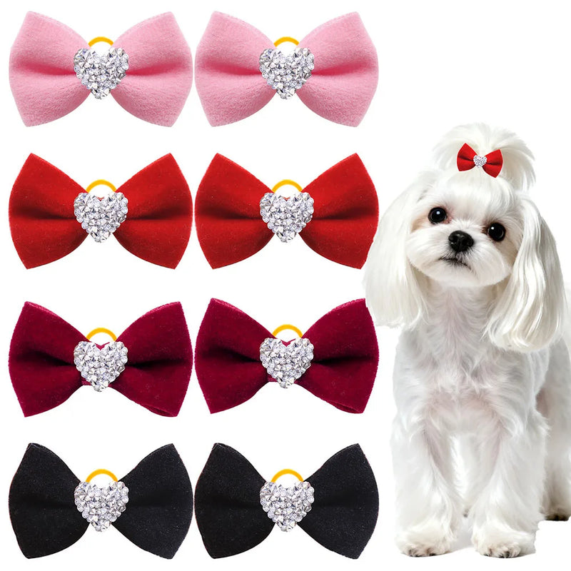 DiamondBow™ 2-Pack Diamond Dog Hair Bows with Rubber Bands – Handmade Valentine's Day Puppy Bowknots
